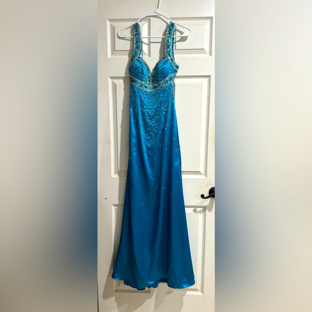 Riva designs beaded turquoise formal dress